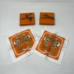 Hermes Brides De Gala Nano 20 Silk Scarf Orange White Gold Pocket Square W/Box